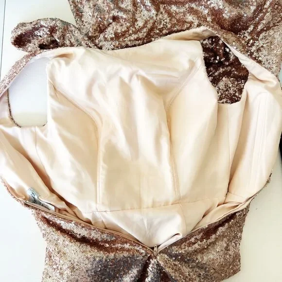 Christina Wu Rose Gold Sequin Dress (6) Bateau Neck Open Back Formal Gown 22704 - Picture 11 of 14